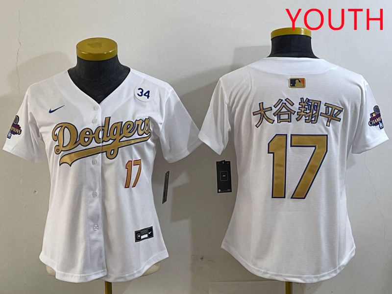 Youth Los Angeles Dodgers #17 Ohtani White Champion gold character 2025 Nike MLB Jersey style 9->youth mlb jersey->Youth Jersey